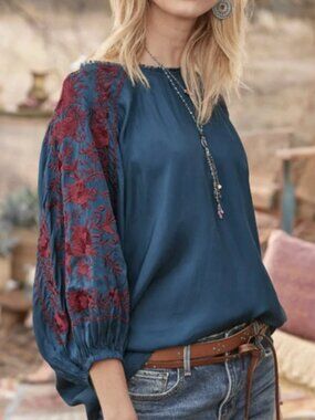 Parlor Blooms Top Blouse in Oasis Blue | Sundance | Sz L